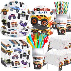 monster trucks birthday party supplies including plates, cups and napkins