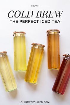 four jars filled with different colored liquid on top of a white surface and the words how to cold brew the perfect iced tea