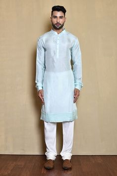 Sky blue jacket style sherwani with mirror embroidery. Comes with sky blue kurta and white churidar. - Aza Fashions Blue Sherwani With Gota Work, Designer Blue Sherwani With Gota Work, Blue Bollywood Sherwani With Gota Work, Blue Long Sleeve Churidar With Gota Work, Blue Sherwani With Gota Work For Festivals, Festive Blue Sherwani With Gota Work, Blue Sherwani With Gota Work For Eid, Fitted Light Blue Kurta For Diwali, Blue Naqshi Kurta For Festivals