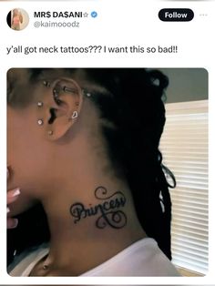 a woman has a tattoo on her neck and behind her ear that says, i'm got tattoos?? want this so bad