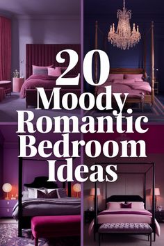 “20 Moody Romantic Bedroom Ideas” text overlaying images of stylish, dark-toned bedrooms. 30 Year Old Bedroom Ideas, Magenta Bedroom Ideas, Bedroom Lighting Inspiration, Cozy Romantic Bedroom Ideas, Womens Bedroom Ideas, Romantic Purple Bedroom, Small Room Bedroom Ideas, Ideas For Teen Girls Bedroom, Magenta Bedding