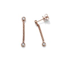 A curb chain connects two dazzling  bezel-set natural diamonds in these gorgeous dangle drop earrings. Crafted in vivid 14-karat rose gold  a friction back keeps this simply sophisticated look secure. Elegant Rose Gold Earrings With Bezel Setting, Step Kids, Bezel Set Diamond, Diamond Drop Earrings, Diamond Drops, Curb Chain, Bezel Setting, Natural Diamonds, Dangle Drop Earrings