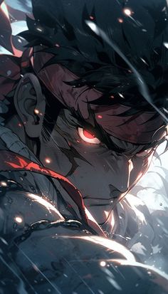 an anime character with red eyes in the snow