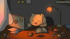 a teddy bear sitting at a desk with an open book in front of it, surrounded by other items