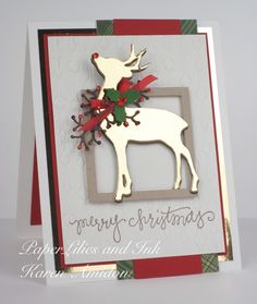 a christmas card with a white deer and red bow on it's head, in front of a gray background