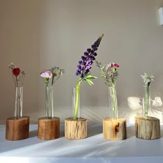 five vases with flowers in them sitting on a table next to each other,