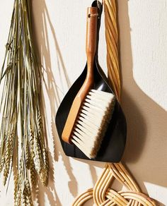 a brush and comb are hanging on a wall