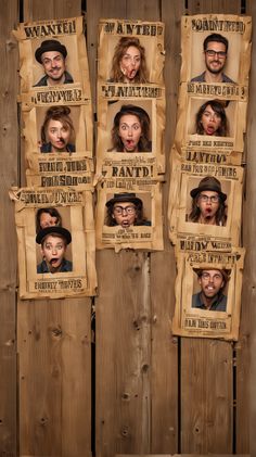 a bunch of wanted posters hanging on a wooden wall with the faces of two men and one woman