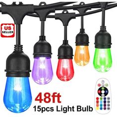 multicolored light bulbs with remote control for outdoor lighting system on black metal wire