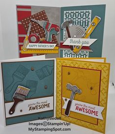 three cards with different types of tools on them, one is happy father's day