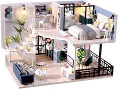 a doll house with furniture and decor on the top floor is shown in this image