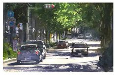 a painting of cars driving down a street with trees lining both sides of the road