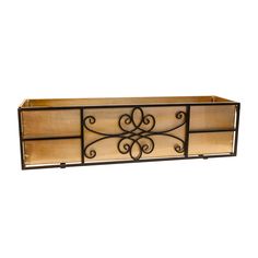 an iron and glass sideboard with scroll designs on the front, in bronze finish