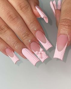 Long nails are beautifully adorned with delicate pink tones and textured patterns, topped off with a dainty bow, embodying the gentle grace of spring. Discover more of these stunning designs by clicking here.via@nailedbychristiana Long Nail Trends, Embracing Femininity, Long Nail, Girly Acrylic Nails, Cute Nail, French Acrylic Nails, Short Square Acrylic Nails, Unique Acrylic Nails, Bling Acrylic Nails