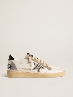 Ball Star LTD with zebra-print star and metallic leather insert | Golden Goose Golden Family, Trendy Shoes Sneakers, A Pony, Model Features, White Zebra, Gray Suede