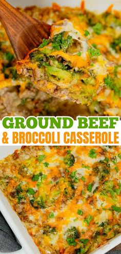 broccoli and cheese casserole is being lifted from the casserole dish