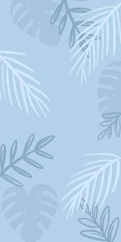 a blue and white wallpaper with palm leaves on the left side, in shades of gray