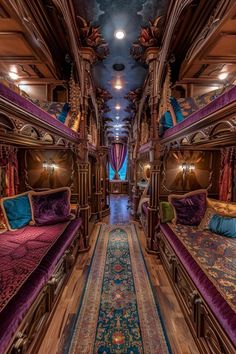 the interior of a train car with beds and rugs