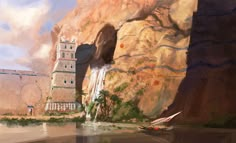 a painting of a castle on the side of a cliff next to a body of water