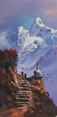 a painting of steps leading up to a mountain