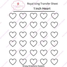 the royal icing transfer sheet is shown with hearts in black on a white background