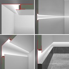 four different angles of a room with white walls and red trimmings on the ceiling