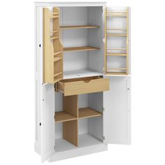 an open cabinet with shelves and drawers on the bottom shelf, in front of a white background