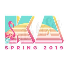 the word kaa spring 2019 with flamingos and palm trees in front of it