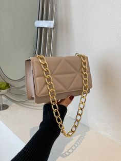 Mini Geometric Embossed Chain Square Bag Khaki Elegant   PU Leather Geometric,Plain Square Bag   Women Bags, size features are:Bust: ,Length: ,Sleeve Length: Trending Bags For Women 2024, Classy Purses, Side Purses, Trendy Purses, Everyday Handbag, Stylish Purse, Chain Handbag, Bags For Teens, Girly Bags