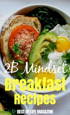 a white bowl filled with eggs, avocado and bread on top of a table