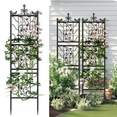 an iron garden trellis with pink flowers on it