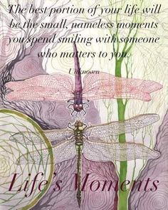 a quote from life's moments with dragonflies in the background and words above it