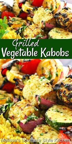 grilled vegetable kabobs on a plate with rice and garnishes