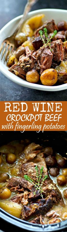 red wine crockpot beef with fingerling potatoes is served in a white bowl