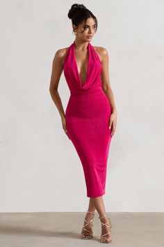 Raleigh Hot Pink Cowl-Neck Midi Dress – Club L London - USA Pink V-neck Halter Dress For Night Out, Elegant Pink Halter Dress With Spaghetti Straps, Pink Fitted Halter Dress For Evening, Pink V-neck Halter Dress For Date Night, Pink Elegant Halter Dress For Party, Elegant Pink Halter Dress For Party, Elegant Pink Halter Neck Bodycon Dress, Elegant Pink Backless Halter Dress, Pink Fitted Halter Dress With Spaghetti Straps