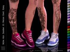 three pairs of legs with tattoos on them