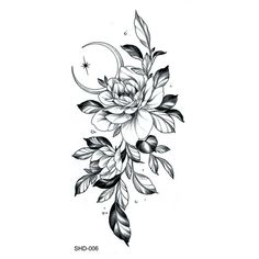 a black and white drawing of flowers with leaves on the bottom half of their arm