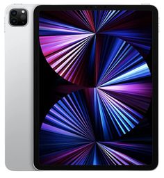 the new ipad is shown in silver and purple, with an image of colorful lines on it