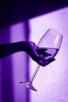 a hand holding a wine glass in front of a purple wall with light coming through it