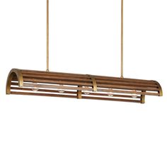 a wooden light fixture with three lights hanging from it's sides and two bars attached to the ceiling