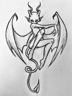 a pencil drawing of a demon sitting on top of a fish tail with its eyes closed