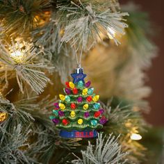 a christmas tree ornament hanging from a pine tree