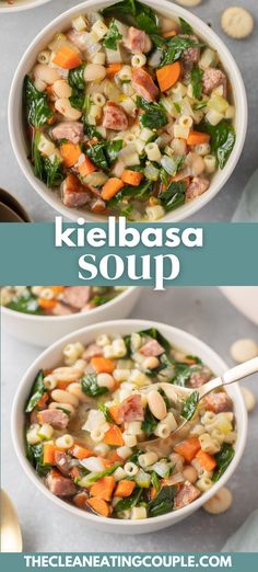 two bowls of kielbasa soup with spinach and carrots