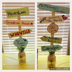 two pictures of a mason jar with wooden signs attached to it