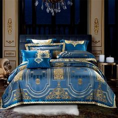 Luxury Blue Jacquard Egyptian Cotton Bedding Set Duvet Cover Embroidery BedSheet.   "This pin contains affiliate links, which means I may earn a commission at no cost to you extra for you". 
 #affiliate #advertising"