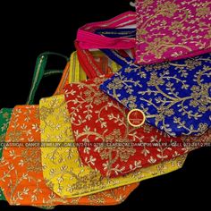 Design by Classical Dance Jewelry® ❥ Raw Silk with maggam work Potli bag for Favor Bag, Gift bag, Goody bag for Haldi kumkum Pongal, diwali, Parties, Events, Weddings, Housewarmings, Saree Ceremony, Dhoti Ceremony ❥ Dry clean only ❥ Material is raw silk ❥ Color: multi colors ❥ Design and color of the potli bag is subject to availability of the raw material. ❥ The potli bag is zip on top and back zip for phone. ❥ We will send item that are in stock close to the sample picture. ❥ Final Choice of s Dhoti Ceremony, Diy Play Doh, Saree Ceremony, Haldi Kumkum, Diy Deodorant, Diwali Party, Diy Essentials, Potli Bag, Classical Dance