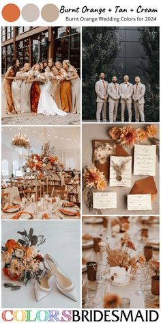 an orange and tan wedding color scheme with the bride and grooms in white suits