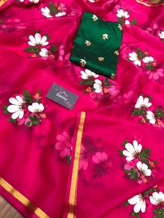 Embroidery Bunches, Long Saree Blouse Designs, Silk Saree Blouse Designs Patterns, All Over Embroidery, Embroidery Sarees, Colour Combinations Fashion, Fabric Flower Tutorial, Hand Painted Sarees, Hand Painted Fabric