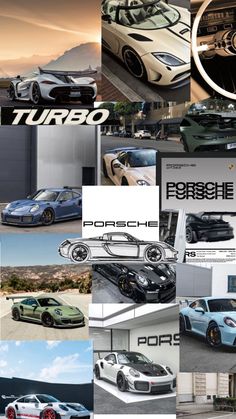 many different cars are shown in this collage with the words turbo and porsche on them