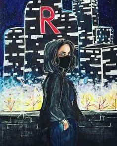 a painting of a person wearing a face mask in front of a cityscape